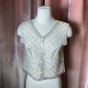 Elegant White Lace Butterfly Tulle sequins vest Top